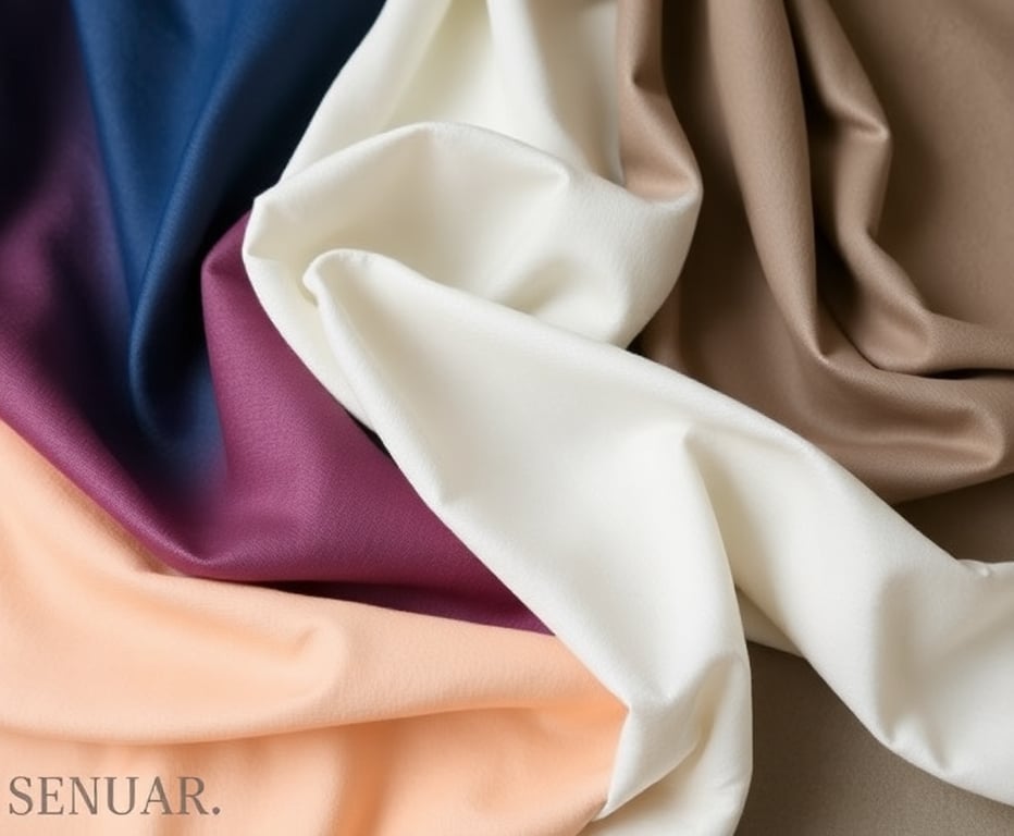 Collection of premium fabrics including silk, cotton, and linen in various colors and textures arranged elegantly
