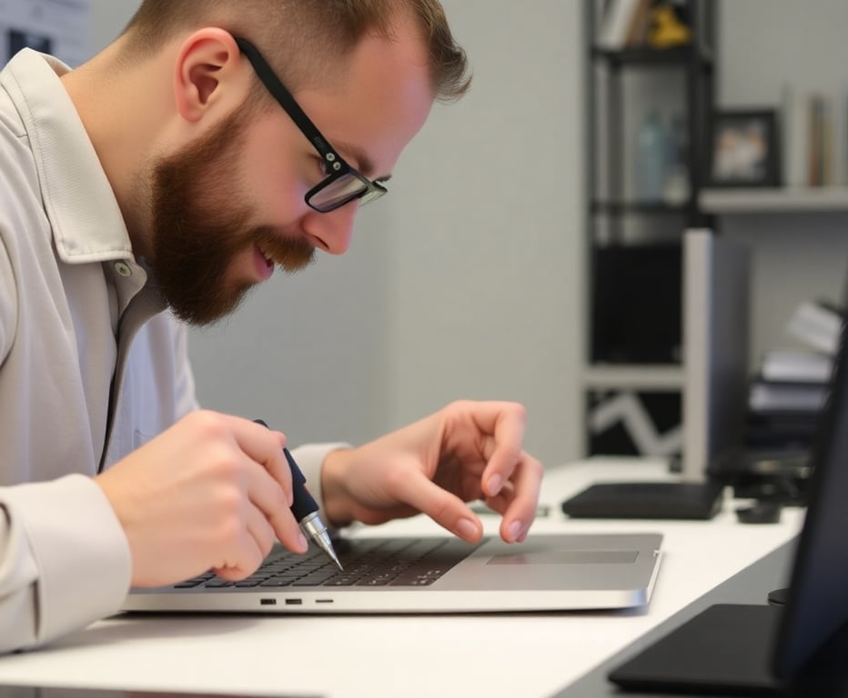 Technician repairing a MacBook with precision tools at Friends Laptop Repair service center