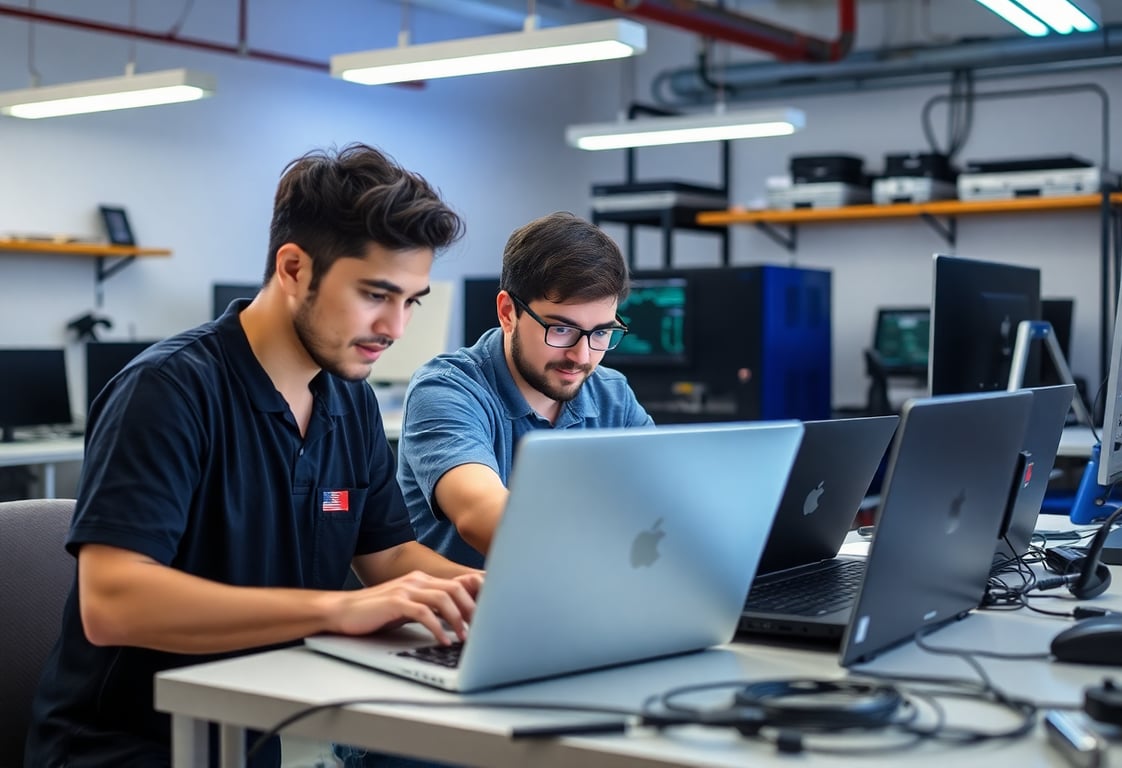 The Friends Laptop Repair team of certified technicians working in a modern repair lab with advanced equipment