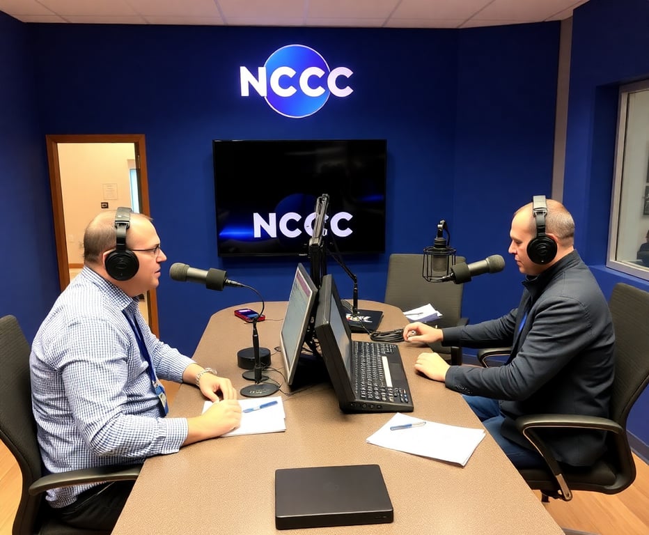 Radio hosts from both stations collaborating in a modern studio with blue decor