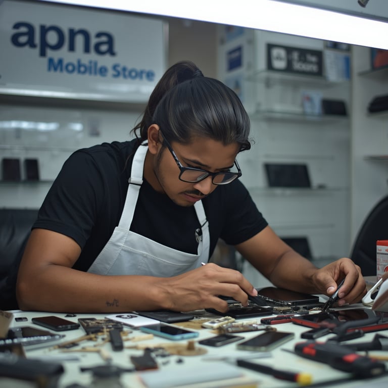 Professional mobile phone repair technician working on smartphone at Apna Mobile Store
