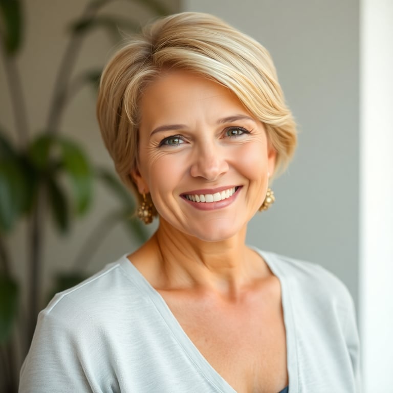 Middle-aged woman with short blonde hair smiling