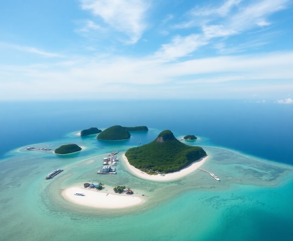 Pemandangan aerial Karimunjawa dengan pulau-pulau kecil dan air laut biru turkis