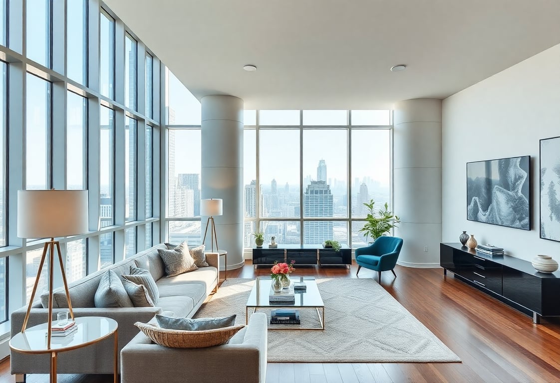 Modern luxury Manhattan apartment living room with floor-to-ceiling windows and contemporary furniture