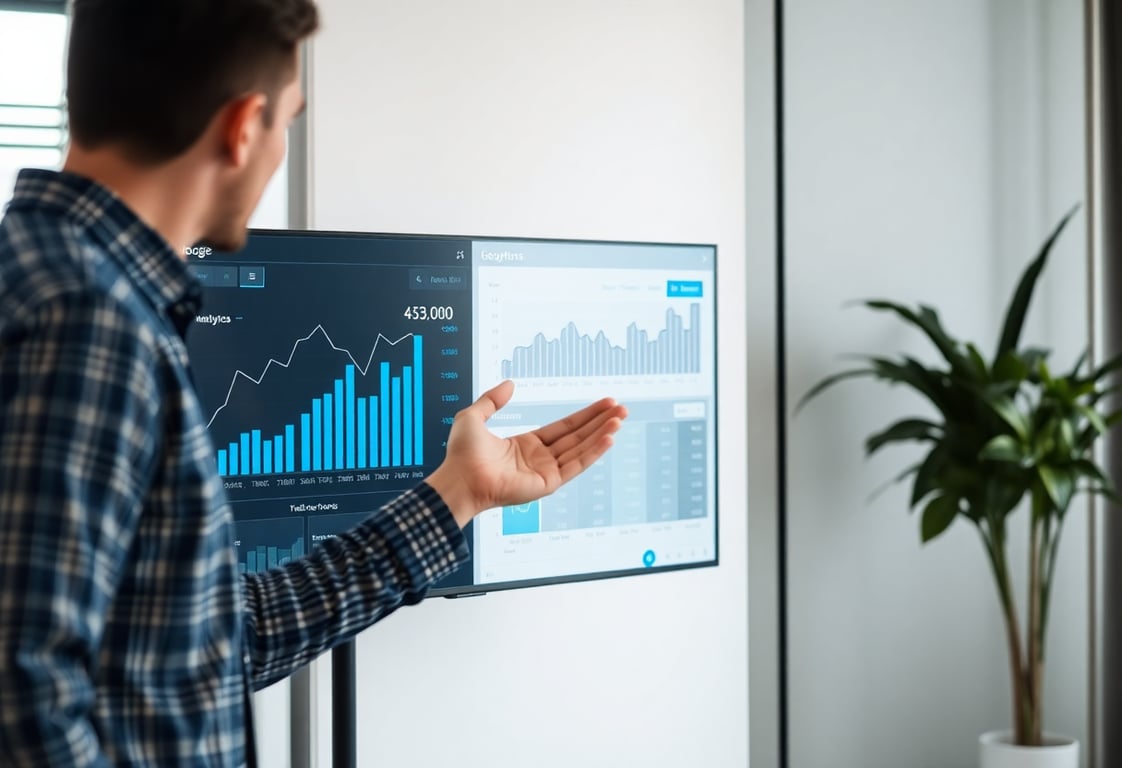 Person presenting business analytics on a screen showing growth metrics