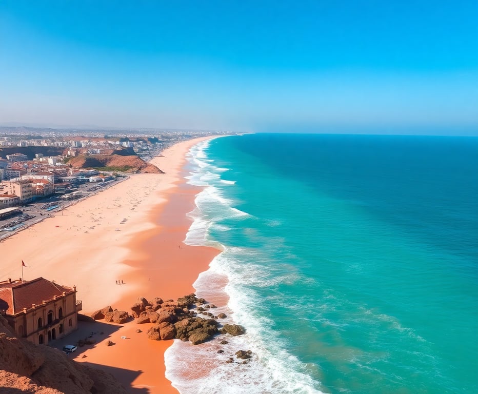 Vue panoramique de la plage d'Agadir avec ses eaux turquoises et falaises orangées