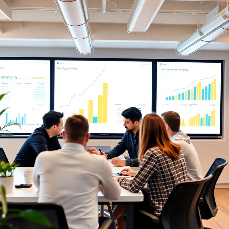 Digital sales team collaborating at iVision Hub platform with growth charts