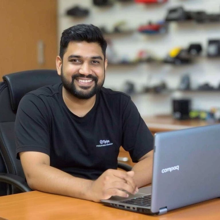 Happy customer Rajesh Sharma smiling after getting his laptop repaired at Compaq Tech Solutions