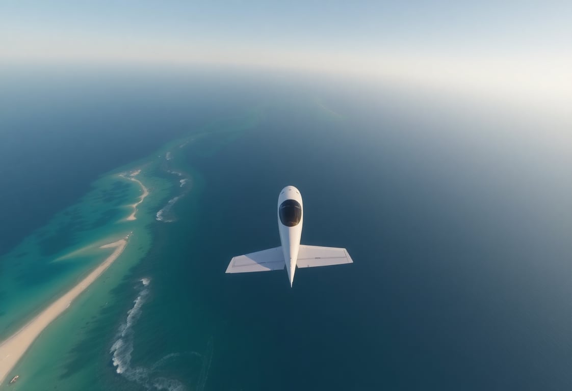 SkyPilot screenshot showing an aerial view of a plane flying over a coastline with beaches and crystal blue water