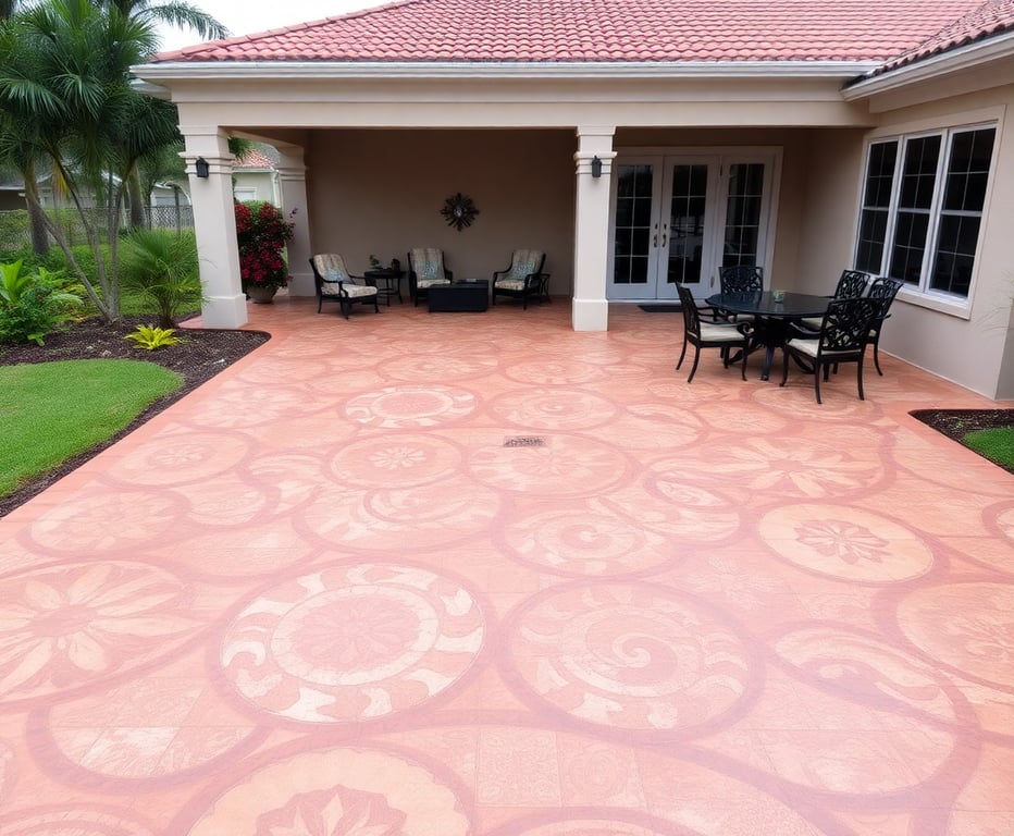 Beautiful stamped concrete patio with intricate patterns by Fort Lauderdale contractors, perfect for outdoor entertaining in Broward County's climate