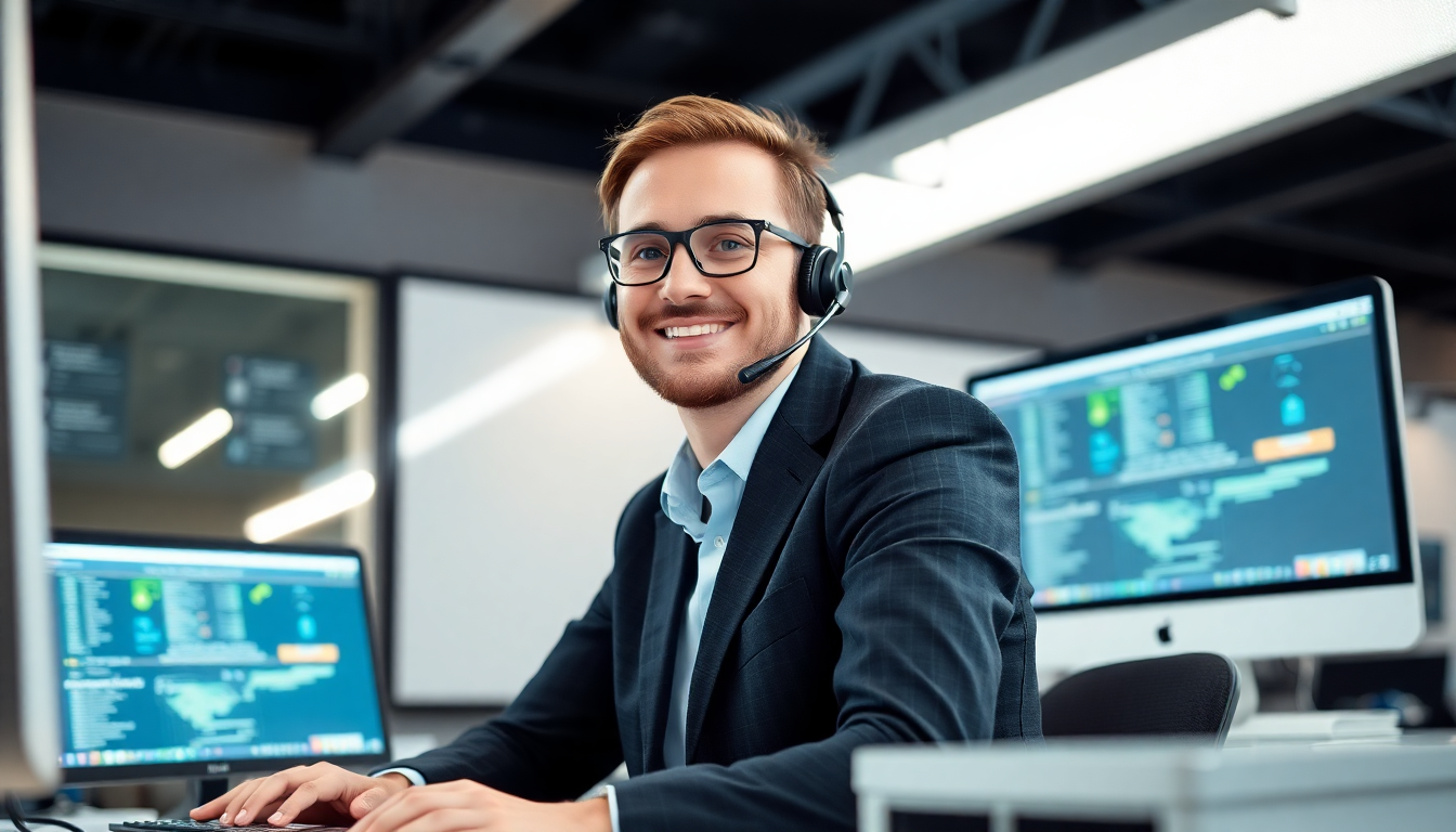 IT consultant working at desk with computer and phone, showcasing professional IT support services