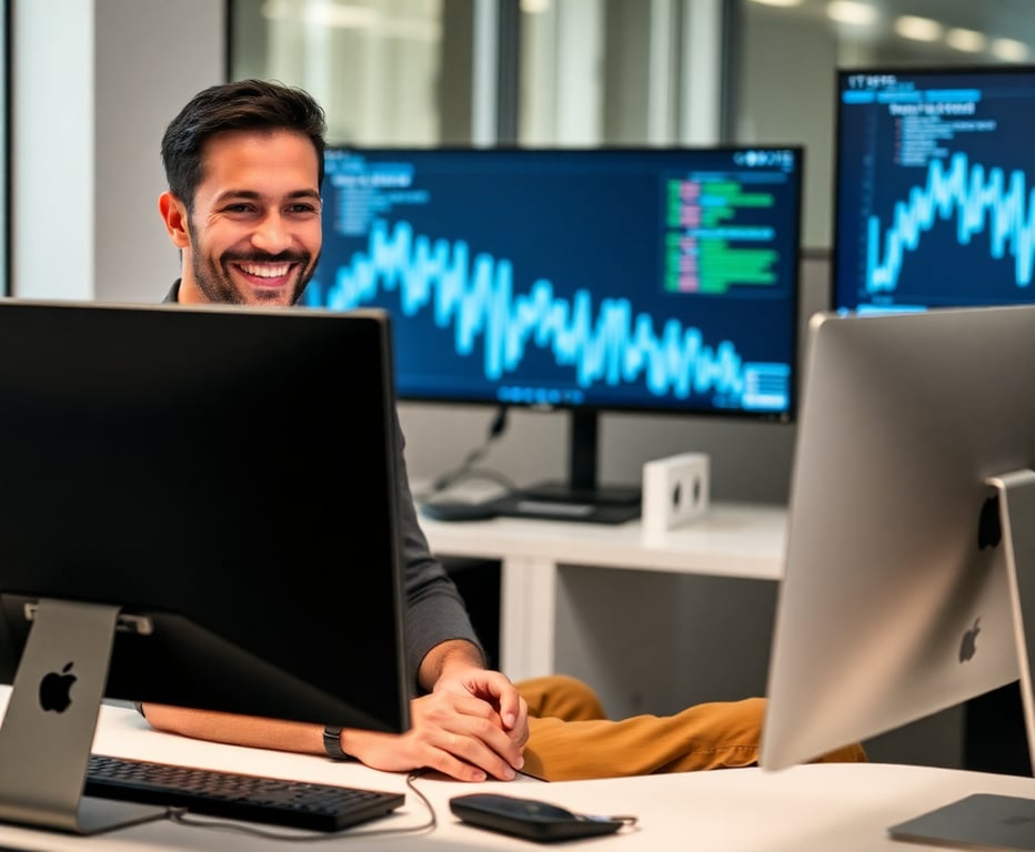 Professional IT consultant smiling while working on computer, representing trusted IT solutions