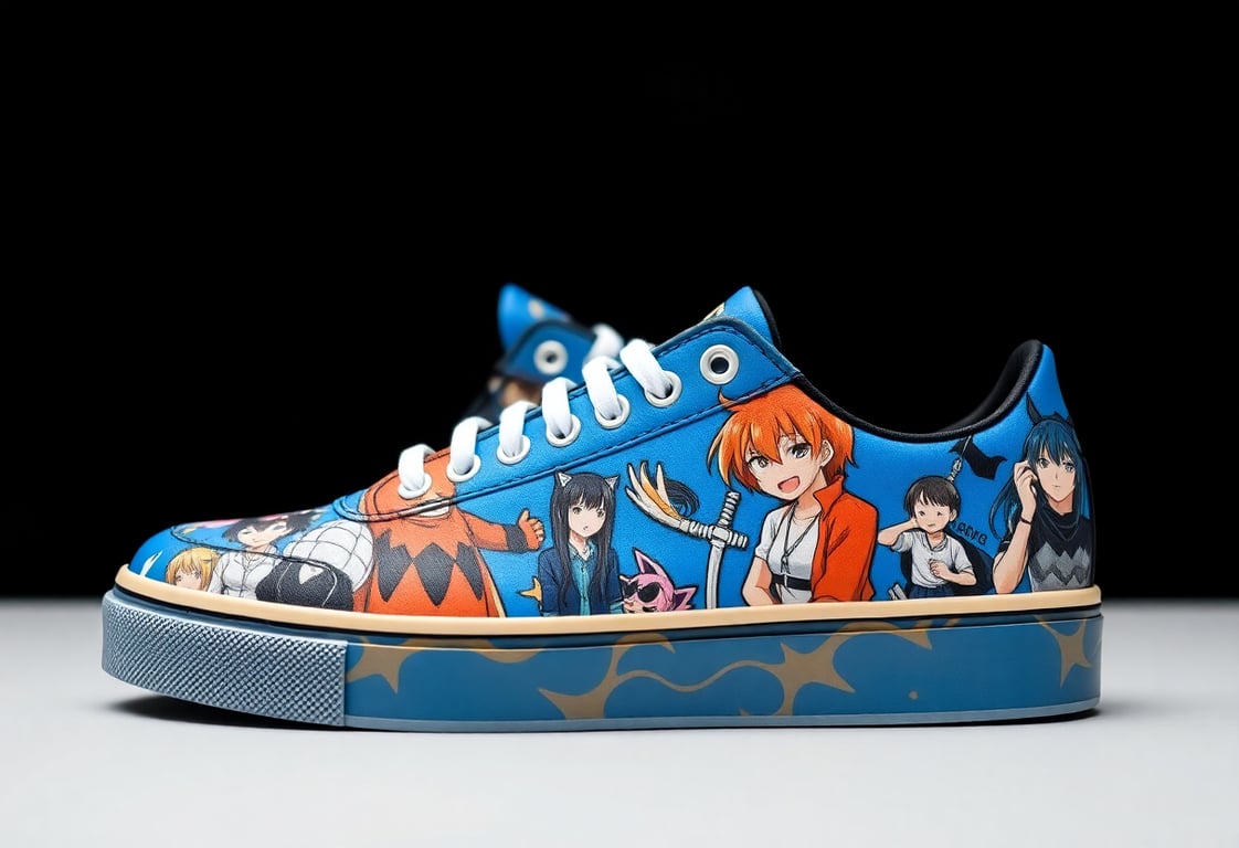 Custom designed anime-inspired sneakers with vibrant blue and orange artwork featuring popular anime characters