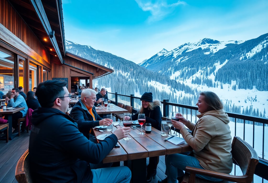 People enjoying Alpin Sake at a mountain restaurant terrace