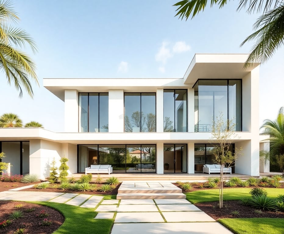 Modern architectural masterpiece with clean lines and large windows, surrounded by landscaped gardens