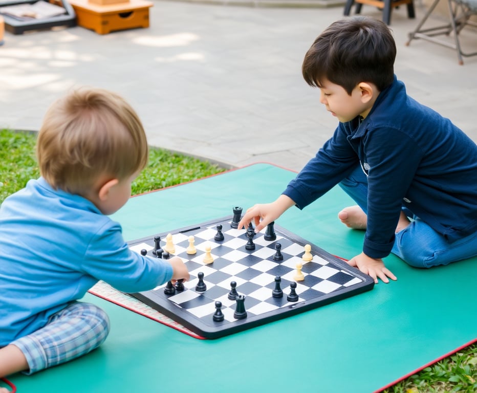 أطفال يلعبون بحصيرة الشطرنج الطائرة في الهواء الطلق