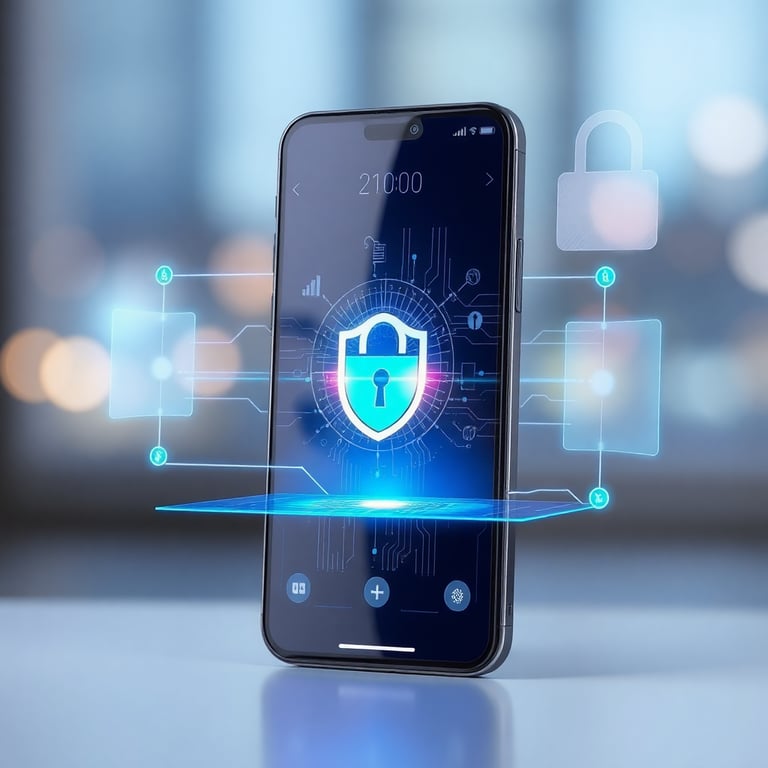 Mobile security app interface with holographic elements