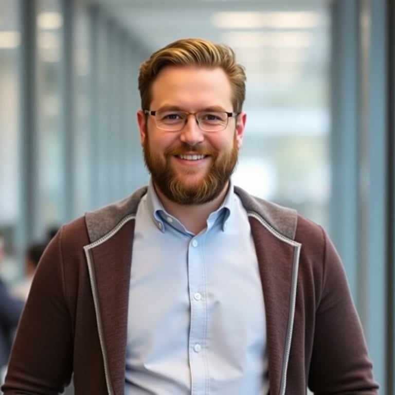 Professional portrait of James Williams, a male data analyst with a beard working in Manchester's healthcare sector