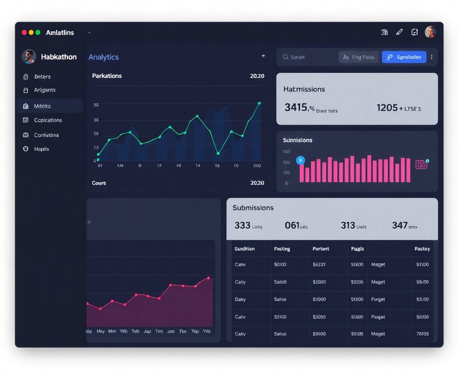 Analytics dashboard showing hackathon metrics, participant engagement, and submission tracking