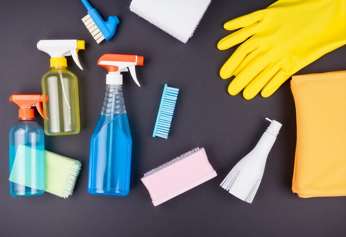 Professional cleaning supplies and equipment arranged on a dark surface, showcasing cleaning sprays, brushes, and protective gloves