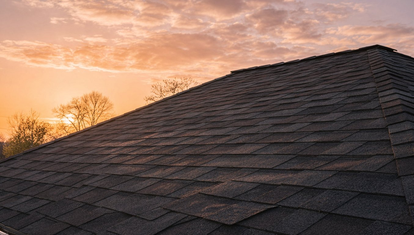 Modern shingled house roof at sunset with warm orange sky over Southwestern Ontario