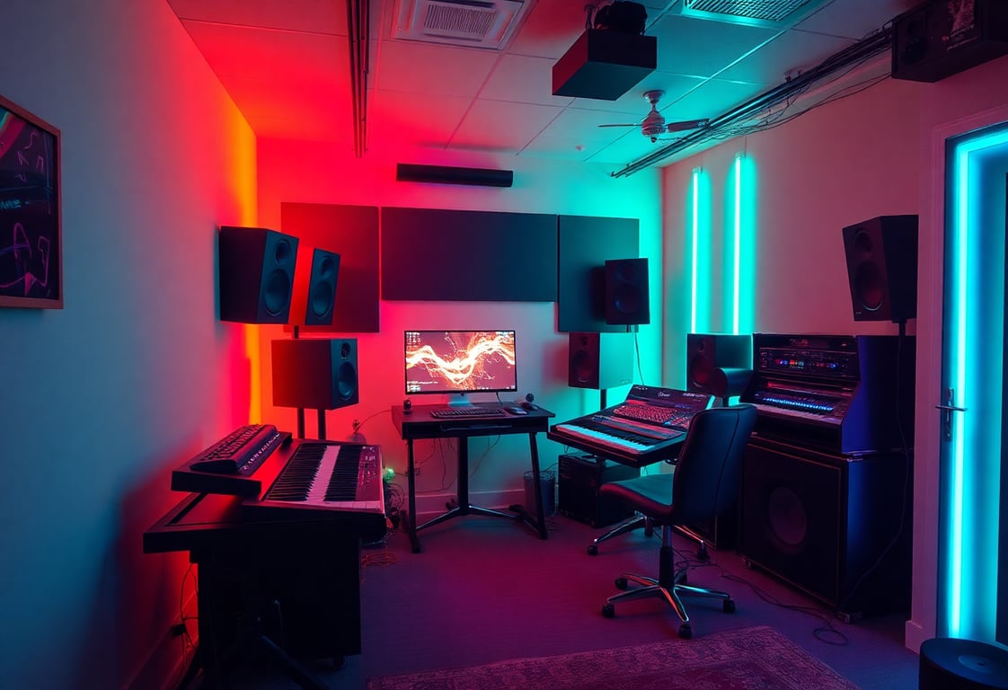 Cyberpunk music studio setup with neon lighting