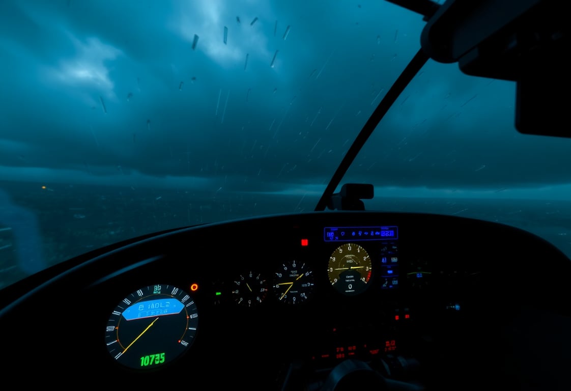 SkyPilot screenshot showing the cockpit view with detailed instrument panel during a storm with rain on the windshield