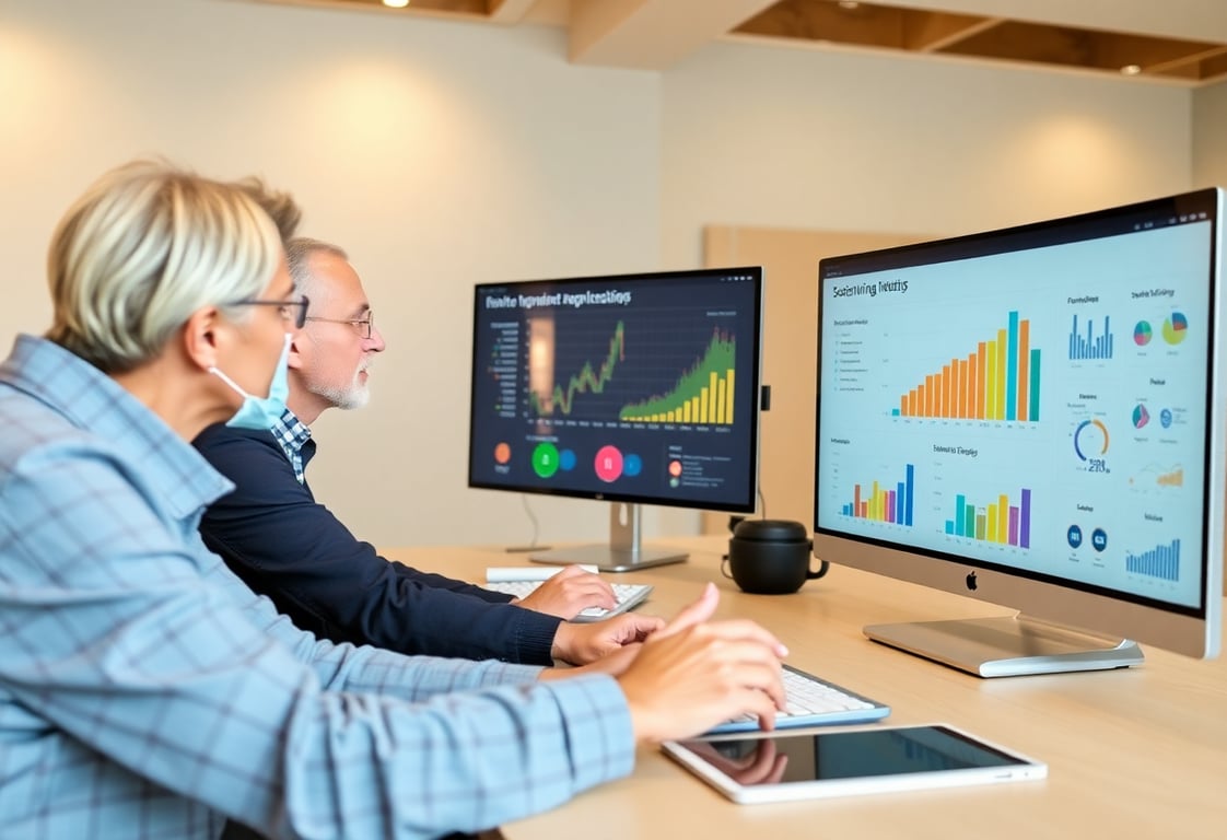 Marketing team analyzing senior living industry trends and demographics on digital displays