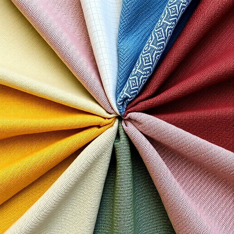 Artisanal fabric swatches arranged in a circular pattern showing texture and quality