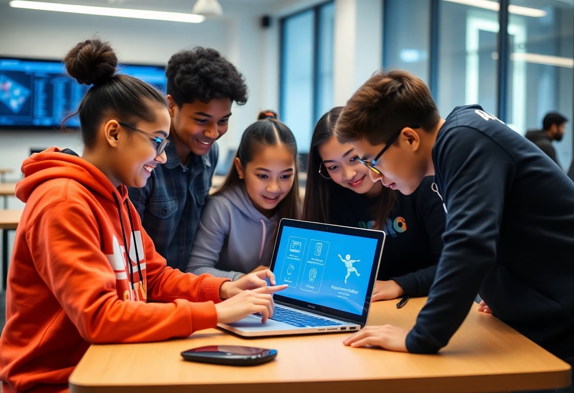 Group of students collaborating on an IT project, showcasing NovaIN's collaborative learning environment