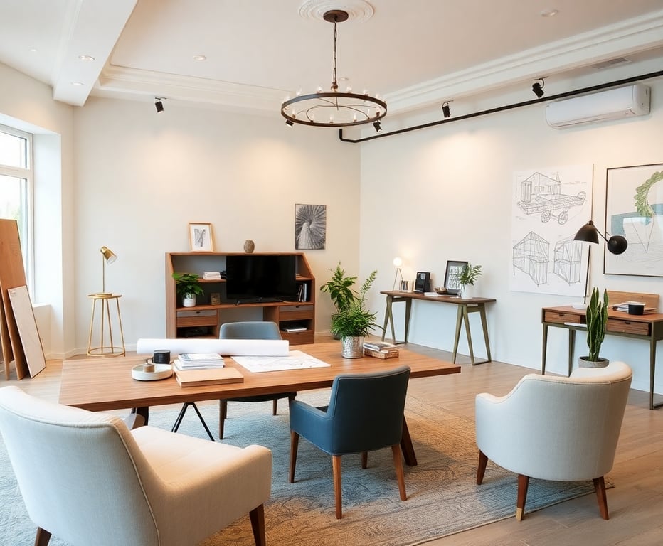 Elegant interior design studio workspace with design materials and blueprints