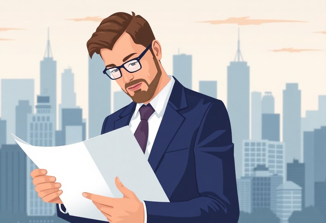 Illustration of a businessman reviewing documents with city skyline background