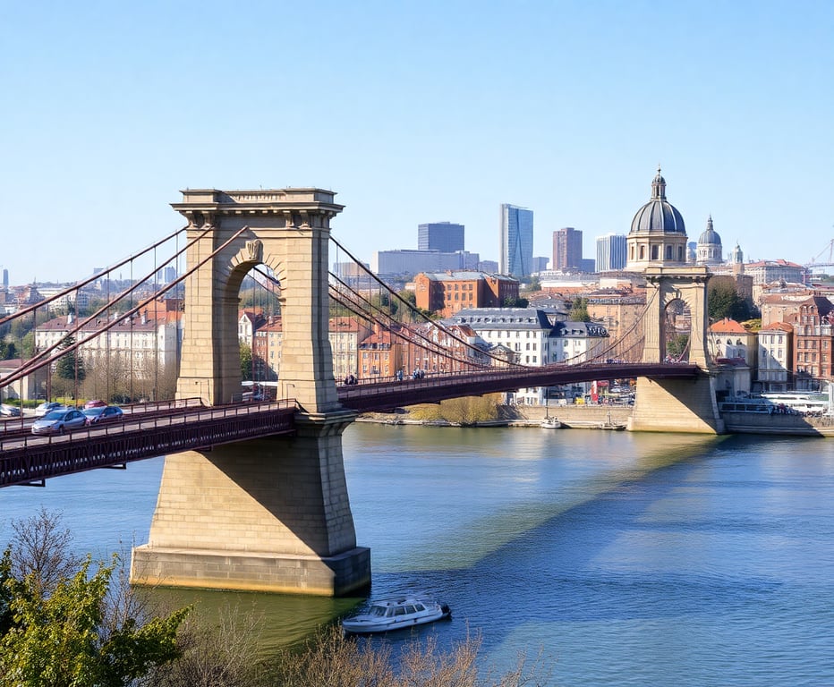 Historic bridge connecting city districts with skyline in background