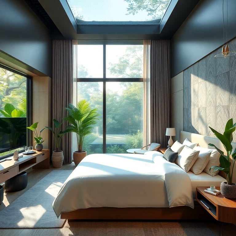 Luxurious eco-friendly hotel room with natural lighting, plants, and smart technology integration