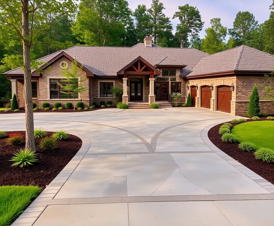 Luxury residential property featuring custom concrete driveway and walkways