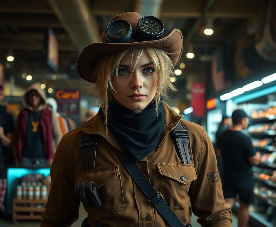 Anime cosplayer in post-apocalyptic costume with dramatic lighting at Cosplayer From The Wastelands store