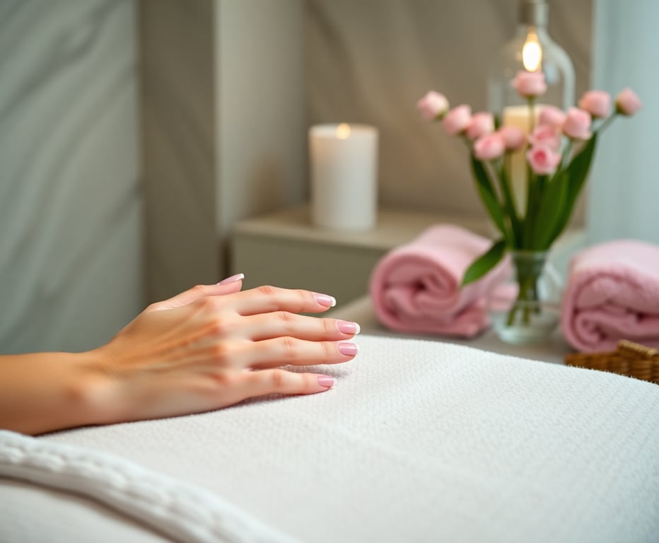Relaxing spa manicure treatment with soft pink towels and peaceful ambiance