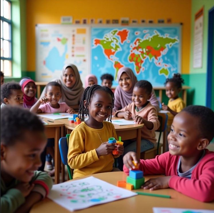 Teacher mentoring students during an interactive learning session