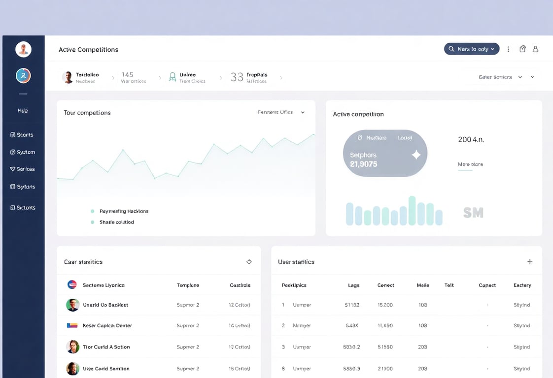 Dashboard interface showing hackathon management platform with active competitions and user statistics