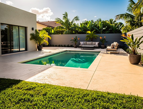 Custom concrete patio and pool deck installed in a Fort Lauderdale backyard