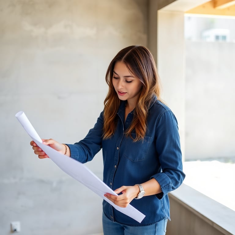 Professional female concrete contractor in Fort Lauderdale reviewing stamped concrete plans for residential driveways and patios in Broward County