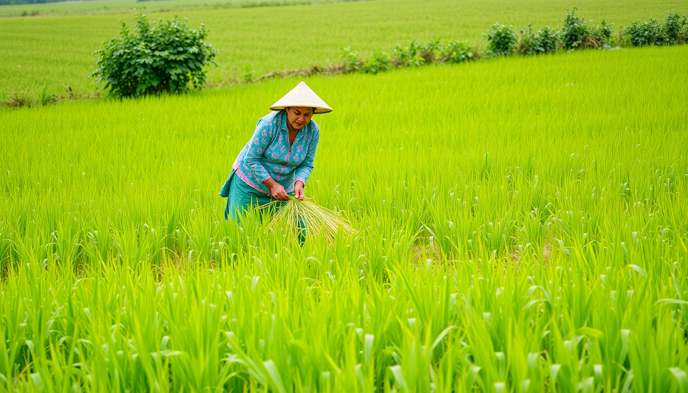 Rural woman harvesting crops in a lush green field
