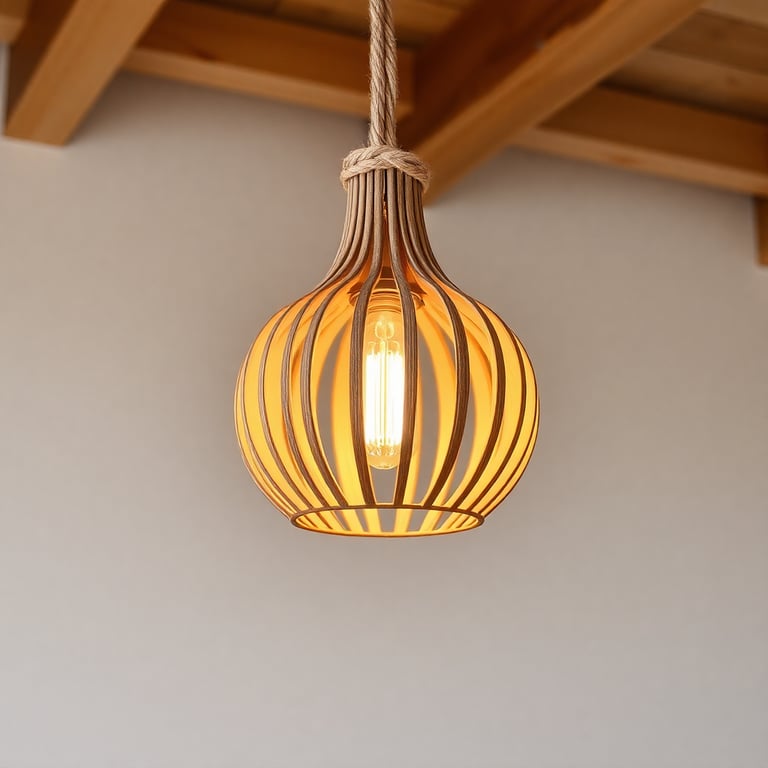 Handcrafted wooden pendant lights with natural cord suspension
