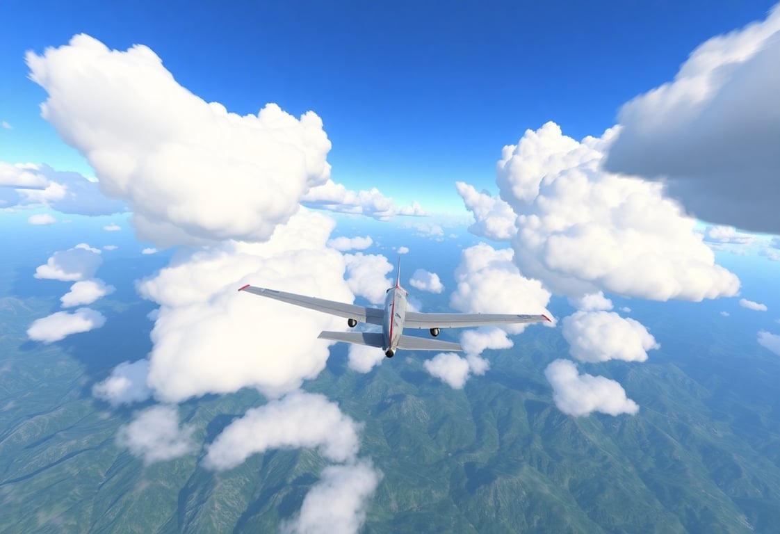 Screenshot of SkyPilot flight simulator showing a plane flying over a mountainous landscape with realistic clouds and lighting effects