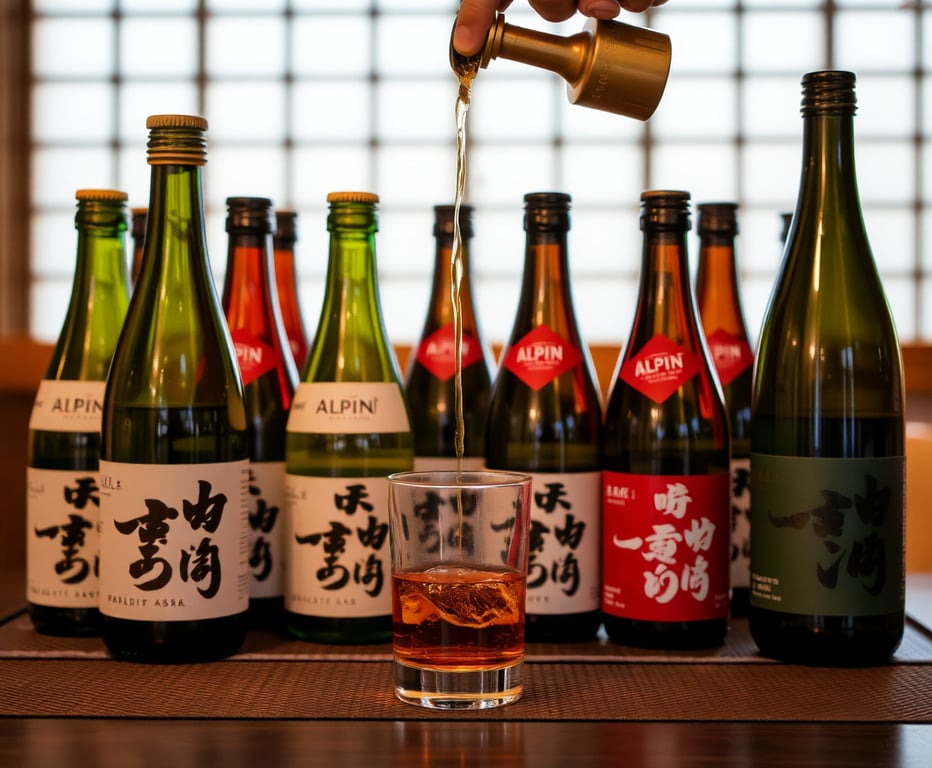 Elegant display of Alpin Sake bottles with sake being poured into a traditional glass