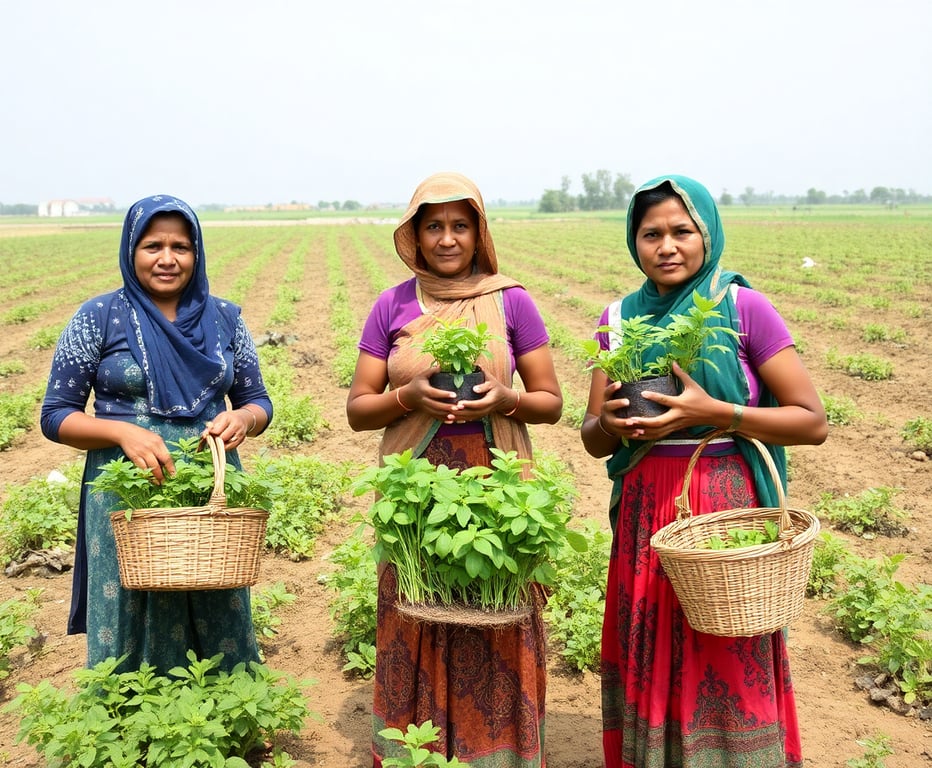 Three rural women holding seedlings and baskets in an agricultural field
