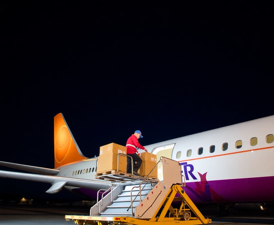 Delivery worker loading cargo onto an airplane against a night sky