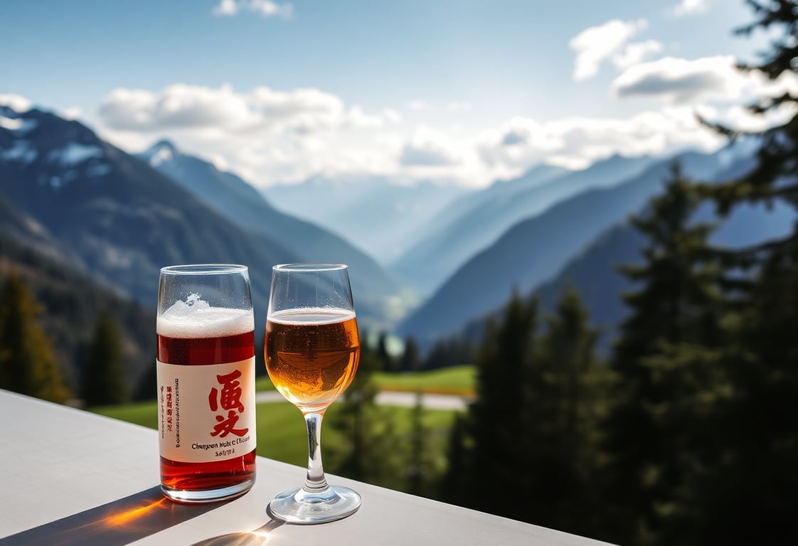 Scenic view of Austrian Alps with a glass of Alpin Sake
