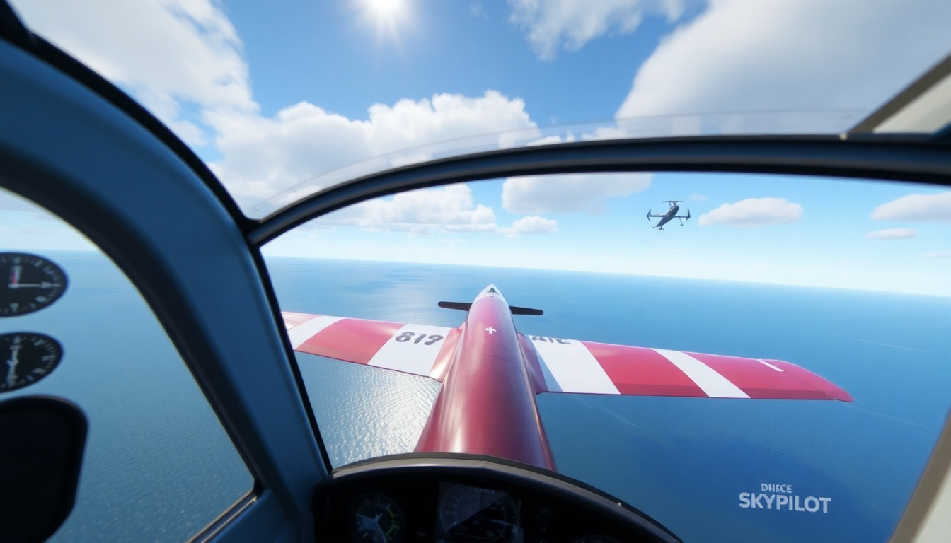 Gameplay footage of SkyPilot showing a cockpit view with instrument panel and a plane performing a barrel roll over an ocean