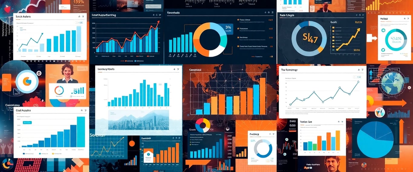 Abstract digital advertising collage with charts, dashboards, social ads, and PPC keywords for Three Degrees Marketing